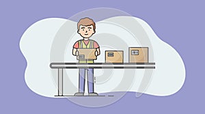 Concept Of Cargo Logistics And Warehouse. Cheerful Storehouse Worker Is Sorting, And Packing Parcels On Conveyor Belt