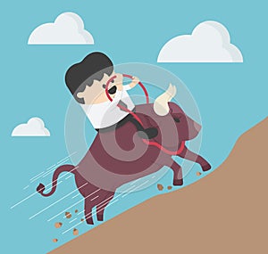 Concept cartoon illustration Businessman ride a bull,  success Trader