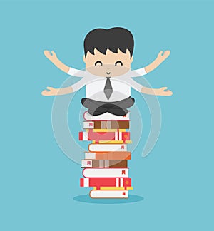 Concept cartoon illustration Businessman who is mindful by sitting on a pile of books