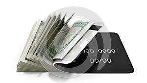 Concept of cash withdrawal payment by card dollar bills fall out of the card 3d render on white