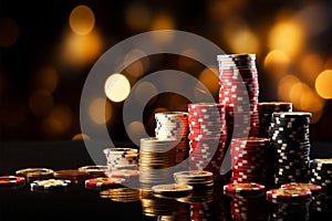 Concept of casino game poker cards, chips, golden coins