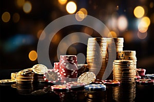 Concept of casino game poker cards, chips, golden coins