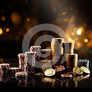 Concept of casino game poker cards, chips, golden coins