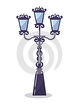 Concept cast iron street lamp, historical architecture carved lantern, medieval construction flat vector illustration