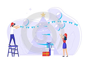 Concept of celebrating Christmas days during work holidays. The work team prepares the Christmas party. vector illustrations for