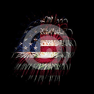 Concept of celebrating Independence Day in United States of America. USA national flag with fireworks backdrop for 4th of July