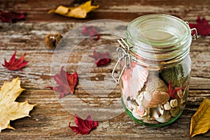Concept of changing seasons summer in jar in rustic setting photo