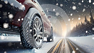 Concept of changing tires on car wheels when winter begins. Close-up of rear wheels of a car driving at speed on a snowy