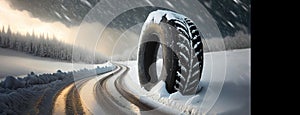 Concept of changing tires on car wheels when winter begins. Close-up of wheel on a snowy icy road highway.