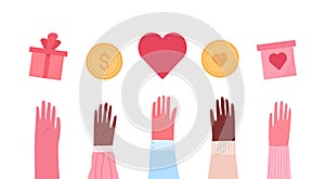 Concept of charity and donation. People give and share love, money, boxes, food, medicines. Flat cartoon vector illustration