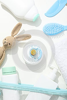Concept of child bodycare, child cosmetic, top view