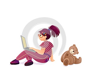 Concept of child internet addiction. Girl teenager sitting with laptop