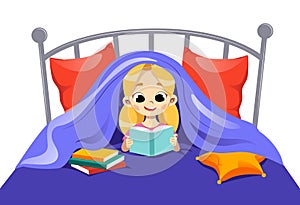 Concept Of Children Creativity, Self Education And Development. Young Girl Teen Reading Book Lying On The Bed. Girl