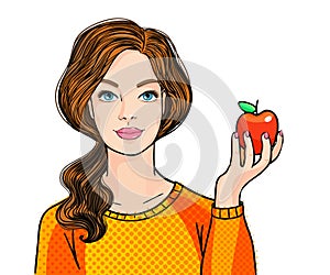 Concept of choice healthy nutrition. Young thoughtful caucasian white woman holding an apple.