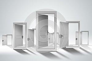The concept of choice with many doors opportunity - 3d rendering