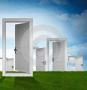 Concept of choice with many doors opportunity - 3d rendering