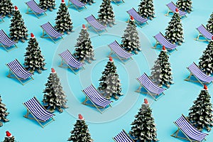 the concept of choosing a holiday. patterns of Christmas trees and beach sunbeds. 3D render