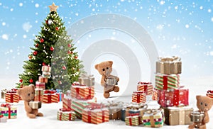 Concept of Christmas. cute teddy bears and many christmas presents 3d-illustration background