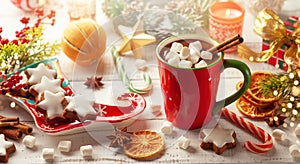 Concept Christmas homemade food and drink. Hot chocolate with marshmallows and cinnamon in red cup, Christmas cookies, winter