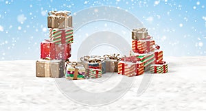 Concept of Christmas. outdoor snow with christmas gifts 3d-illustration