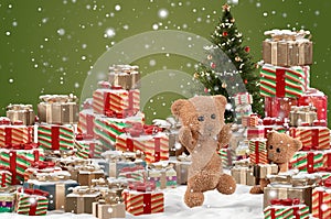 Concept of Christmas. outdoor snow with christmas gifts and small teddy bears. 3d-illustration