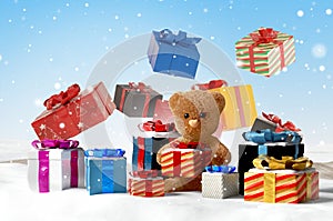 Concept of christmas presents. christmas gifts and cute teddy bear 3d-illustration