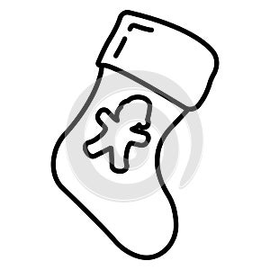 Concept christmas sock with snowman icon outline style, happy new year and merry christmas flat vector illustration, isolated on