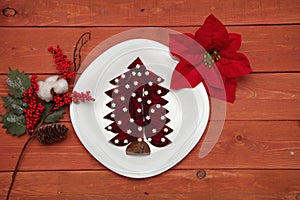 Concept of a Christmas tree on a white plate. beet. snowflakes. new year branch with