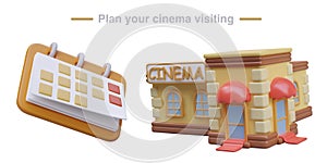 Concept of cinema repertoire. Plan your visit to movie theater. Realistic calendar, cinema building photo