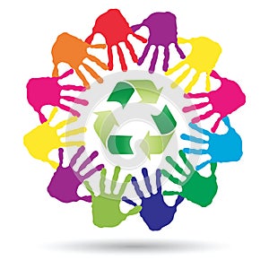 Concept circle of hands, green recycle symbol