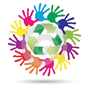 Concept circle of hands, green recycle symbol