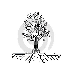 Concept circuit board tree. Futuristic background with tech tree. PCB. Black and white texture. Vector illustration