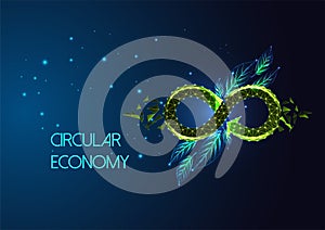 Concept of circular economy with infinity loop and green leaves on dark blue background.