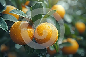 Concept Citrus Harvest, Dewy Morning Light, Sunkissed Dewy Citrus Delights Awaiting Harvest