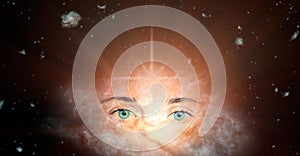 The concept of clairvoyance. Piercing green eyes looking into the future against the background of the galaxy. Paranormal