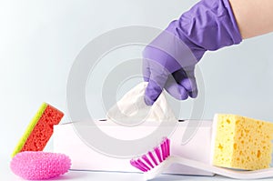 Concept of cleaning process, using various of cleaning items.Cleaning lady choosing special tools for washing