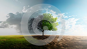 Concept of climate changing. Half dead and alive tree outdoors