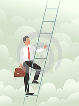 Concept of climbing the career ladder. Metaphop of conquering heights in business. The businessman