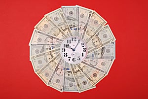 Concept of clock and dollar. Clock on mandala kaleidoscope from money. Abstract money background raster pattern repeat mandala