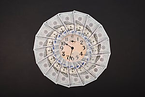 Concept of clock and dollar. Clock on mandala kaleidoscope from money. Abstract money background raster pattern repeat mandala