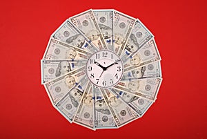 Concept of clock and dollar. Clock on mandala kaleidoscope from money. Abstract money background raster pattern repeat mandala
