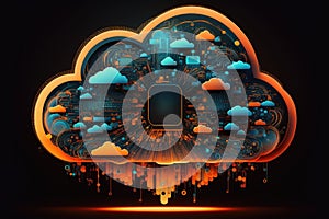 The concept of cloud computing as little blue and orange clouds inside a big cloud