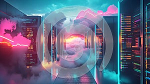 Concept of cloud computing and computer networking: rows of network servers against a blue sky with clouds