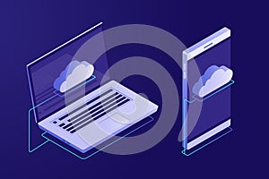 Concept of cloud computing. Devices connected to the cloud. Synchronizing devices with cloud storage. Isometric style