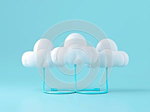 Concept of cloud computing technology, white cloud connected by a network cable, 3D rendering.