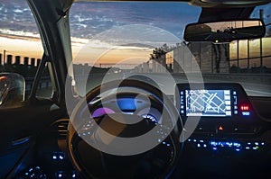 Concept of the cockpit of an autonomous car driving the night