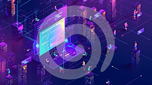 Concept of code testing. Isometric computer screen and working people. Modern landing page of programming test with