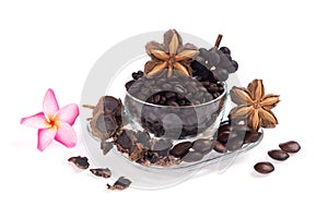 Concept coffee mixed black galingale and Sacha inchi herbs for health isolated on white background