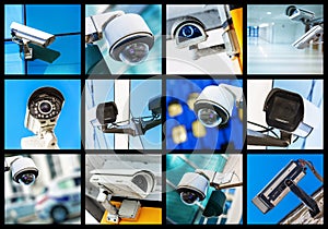 Collage of closeup security CCTV camera or surveillance system