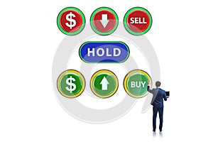 Concept of commercial choices between buying holding and selling